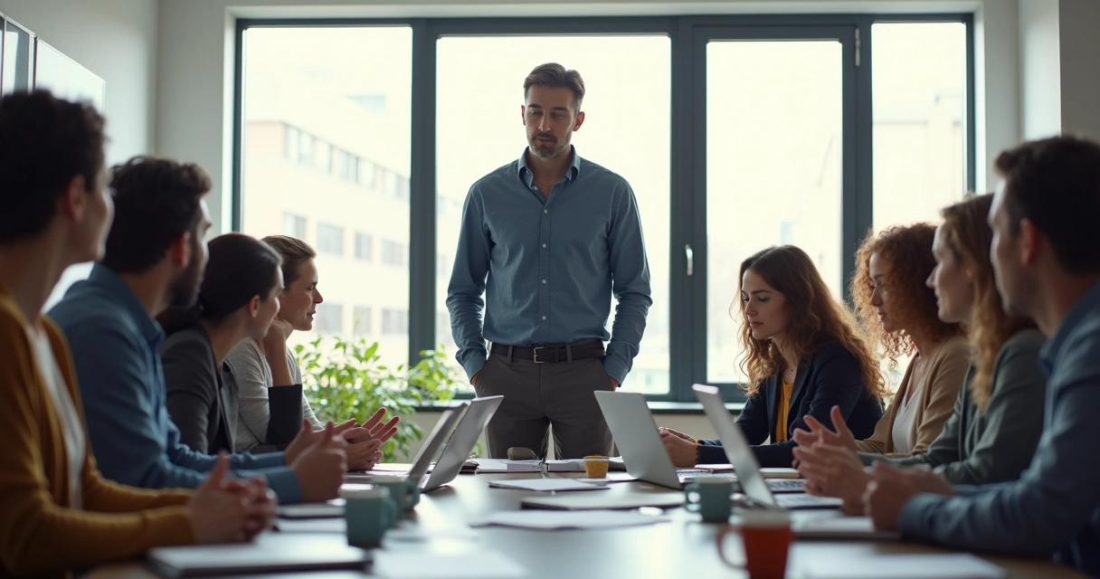 Líder em reunião com equipe, olhar reflexivo, equipe diversa ao redor da mesa 