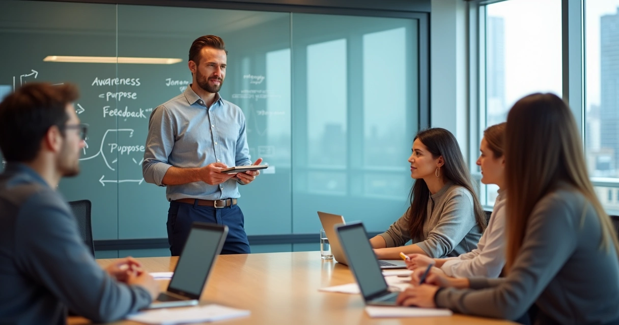 Líder em reunião guiando equipe com foco e autoconsciência 