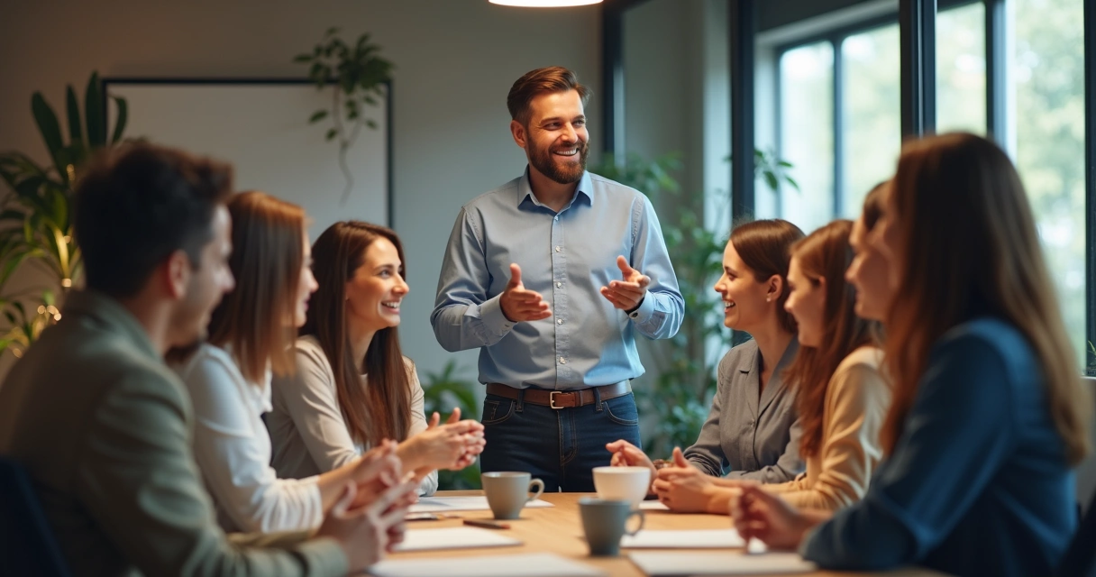Líder e equipe em reunião com clima positivo