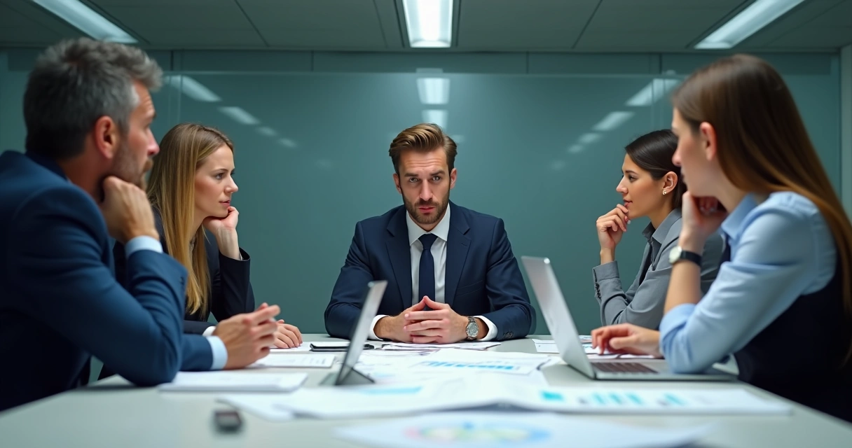 Líder sentado em uma mesa de reunião com equipe, todos com expressões tensas e diversos papéis e gráficos sobre a mesa