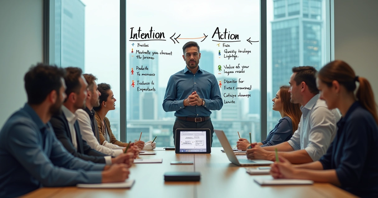 Líder em reunião alinhando intenção e ação com equipe em escritório moderno 