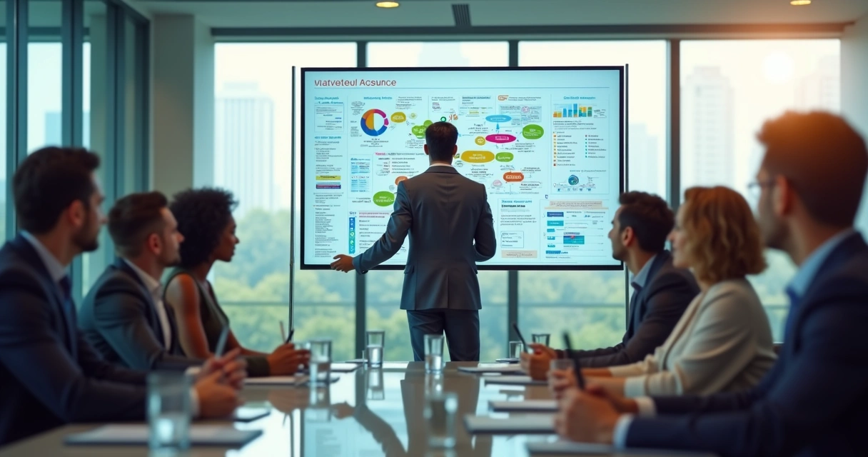 Líder exibe mapa de processos em reunião de equipe 