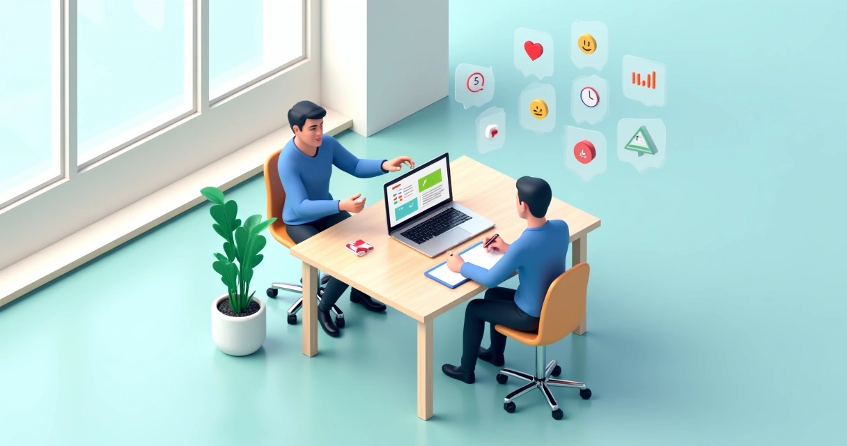 Líder em reunião individual com colaborador analisando painel de tarefas no escritório 