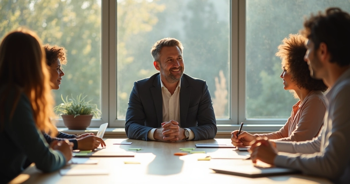 Líder reuniendo a su equipo en una oficina moderna 