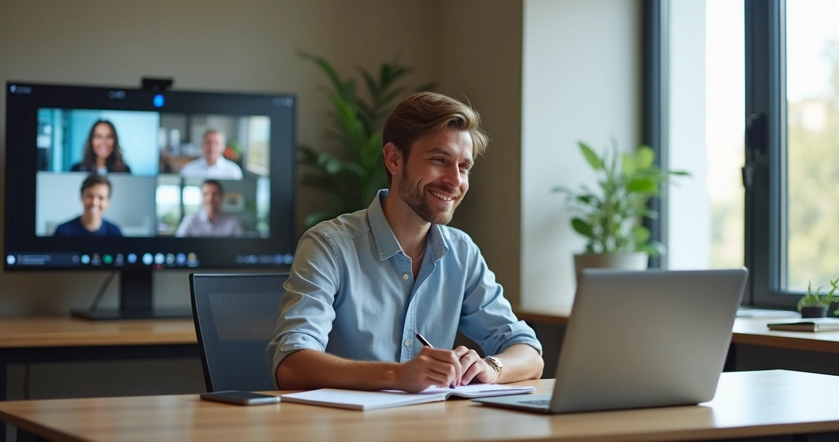 Líder en reunión híbrida con pantalla y cuaderno