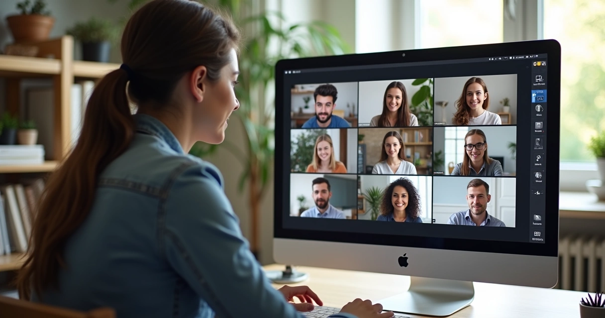 Grupo diverso en videollamada interactuando con líder atento