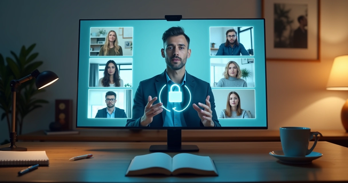 Líder en videollamada con equipo remoto visto a través de una pantalla transparente 