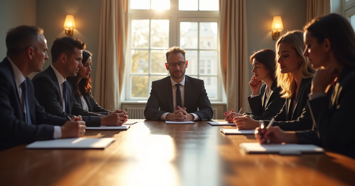 Persona líder guarda silencio en una reunión mientras los demás reflexionan