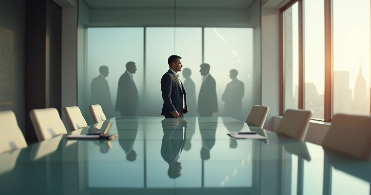 Líder mirando reflejos de sí mismo en una sala de juntas moderna 