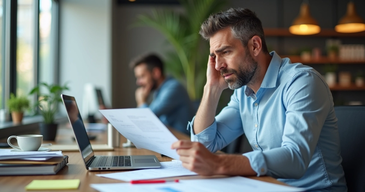 Líder revisando documentos con tensión en una oficina
