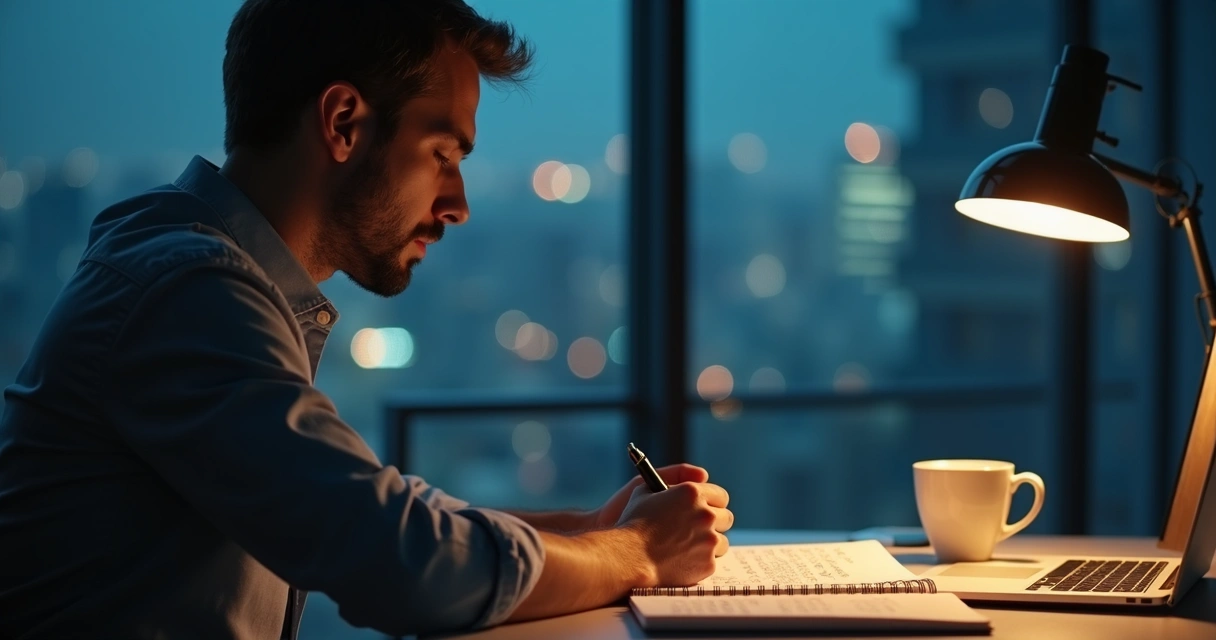 Líder revisando notas en oficina nocturna 