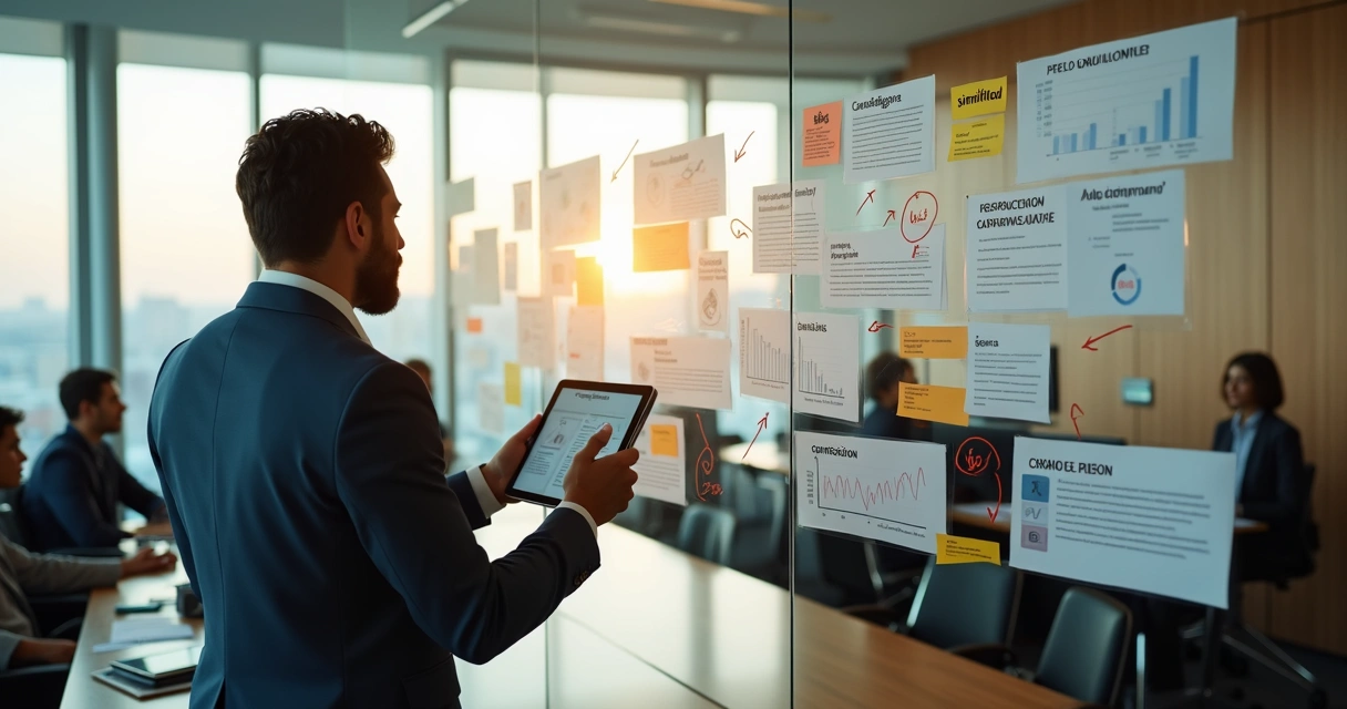 Líder revisando patrones inconscientes destacados con notas adhesivas en vidrio 