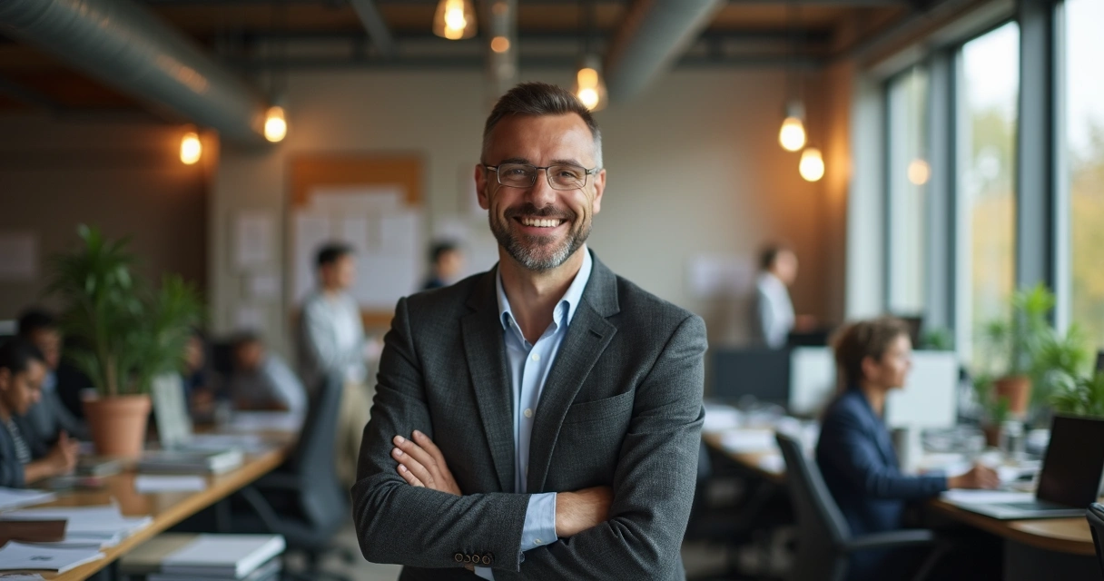 Líder de equipe sorrindo e motivando colegas em ambiente de crise 
