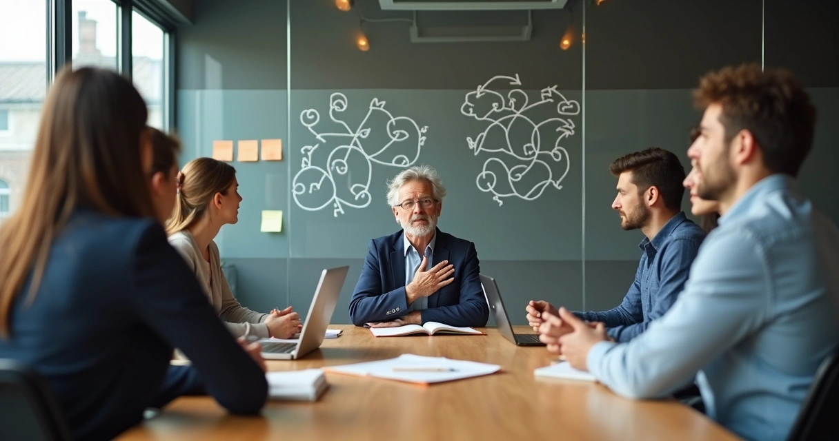 Líder em reunião refletindo sobre padrões emocionais diante de equipe 