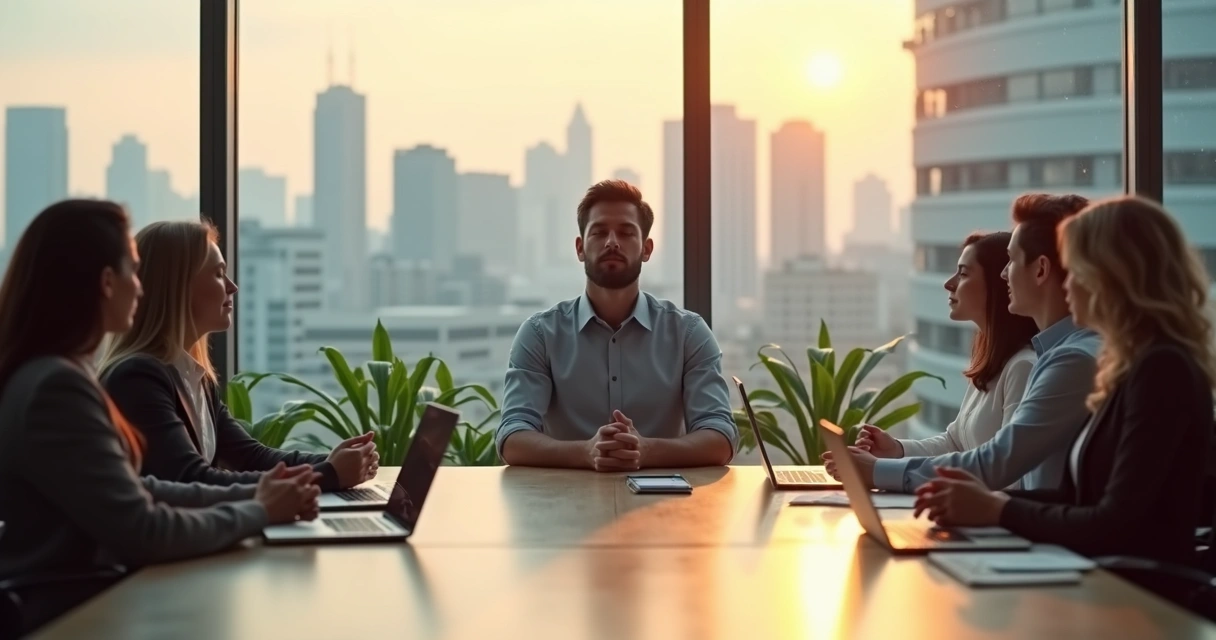 Líder sentado em sala de reunião moderna praticando autocuidado emocional 