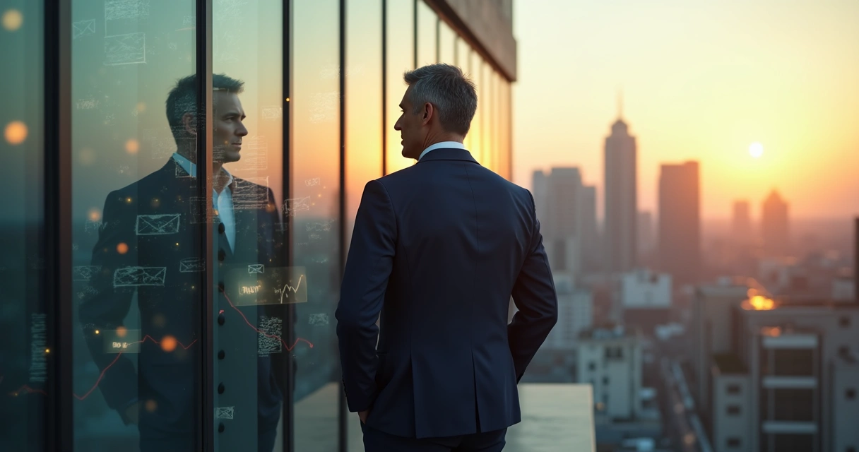 Executivo em pé diante de seu reflexo distorcido em vidro de prédio corporativo 