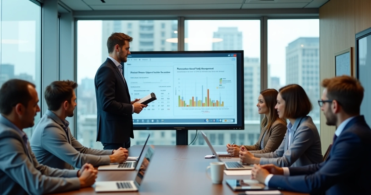 Líder em pé diante de equipe desmotivada em sala de reunião moderna 