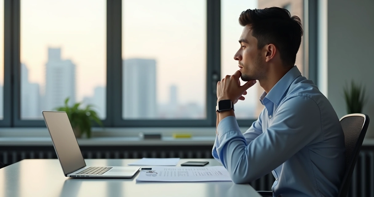 Líder sentado sozinho refletindo em um escritório moderno 