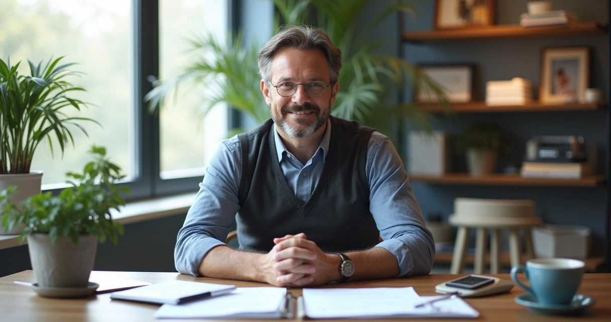 Pessoa sentada à mesa dividida ao meio, metade com notebook e documentos, metade com café e planta. 