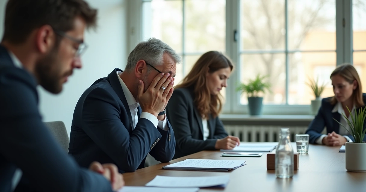 Líder sentado à mesa de reunião, olhando para baixo, mãos cobrindo parcialmente o rosto, equipe ao fundo observando em silêncio 