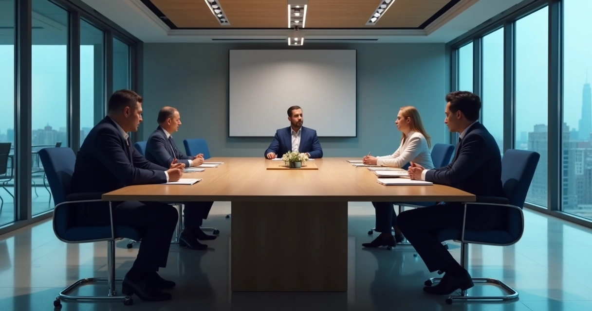 Pessoas sentadas ao redor de mesa de reunião, um líder escuta atento em meio ao silêncio 
