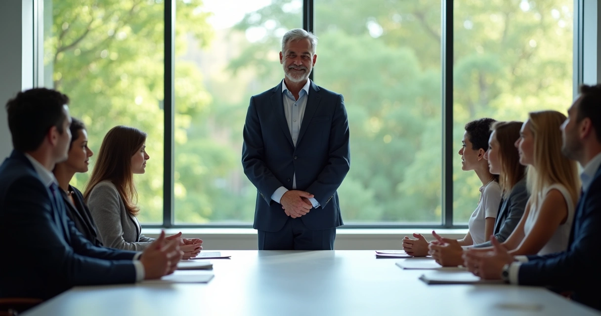 Líder em silêncio diante de equipe atenta, todos com expressão calma. 