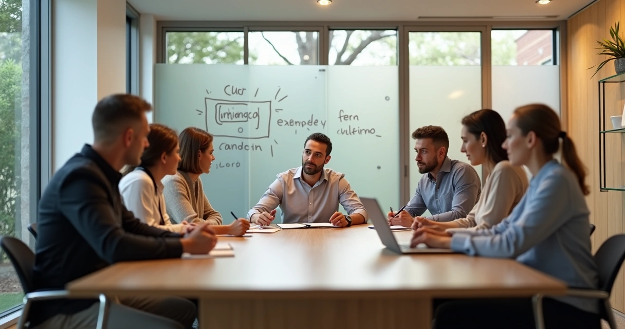 Líder silencioso observando equipe em reunião colaborativa 