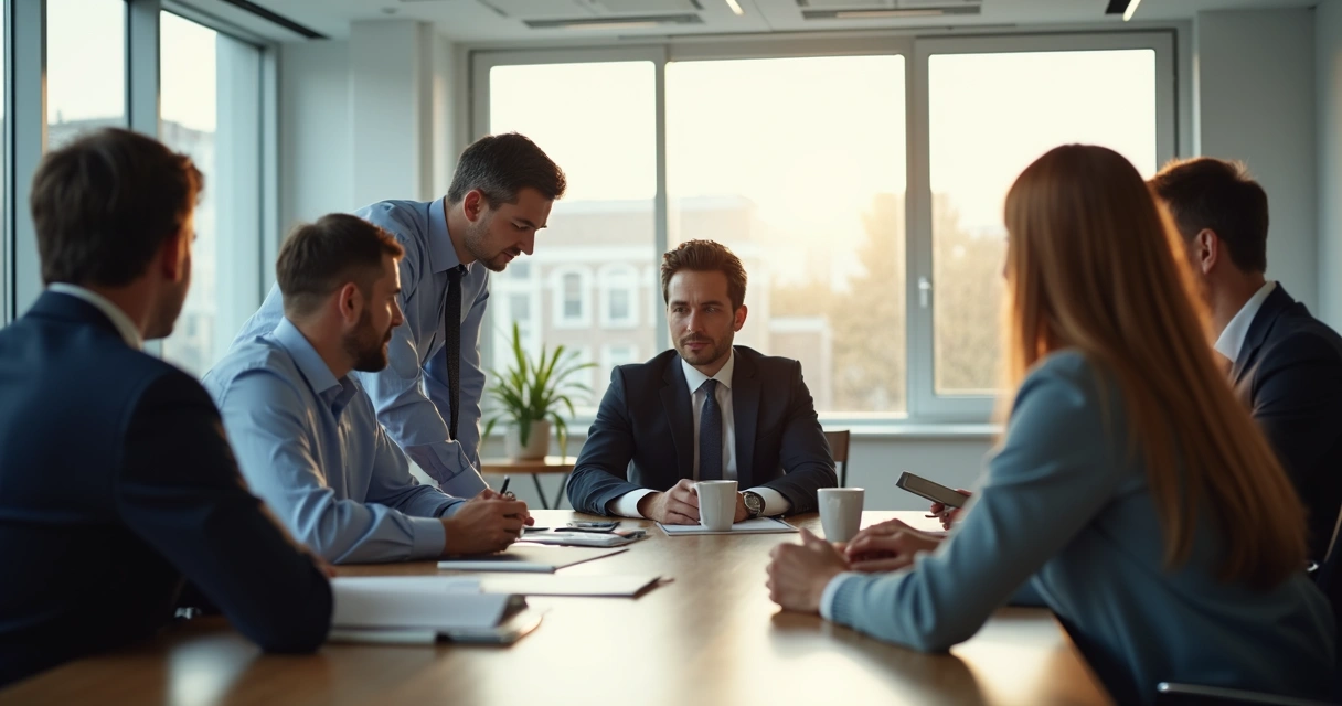 Pessoa discretamente liderando colega em reunião de equipe 