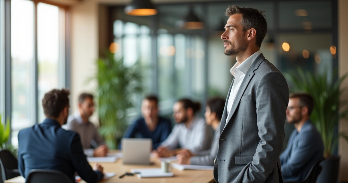 Líder silencioso observando a equipe em reunião com postura calma e atenta 