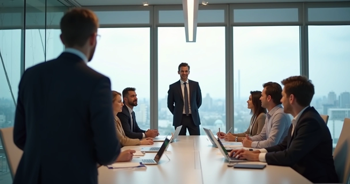 Líder observando en silencio a su equipo desde el fondo de una oficina iluminada