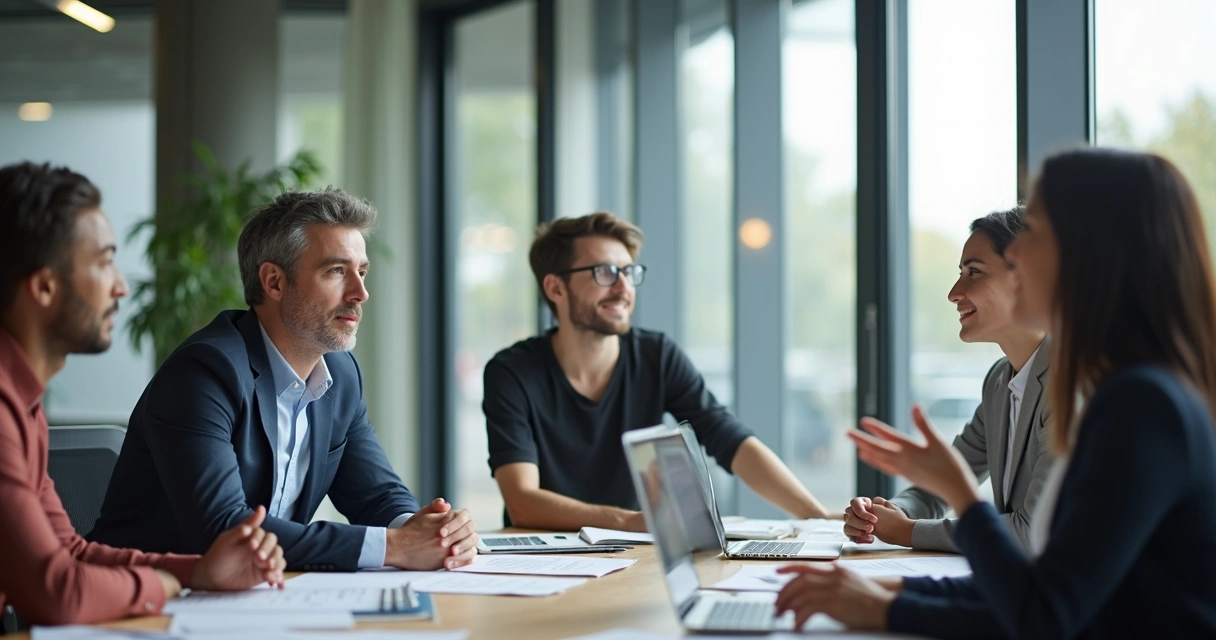 Líder sentado em reunião escutando colegas atentamente em uma sala de escritório clara 