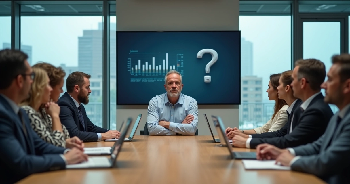 Líder calado em reunião enquanto equipe olha em dúvida 