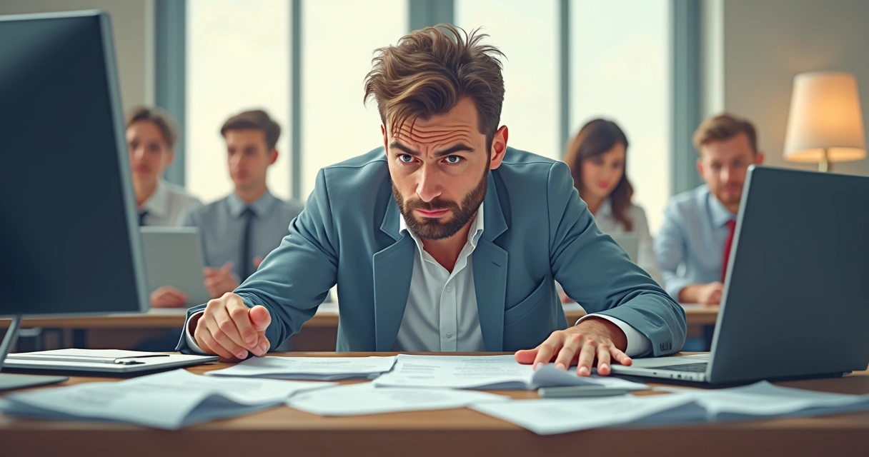 Líder moderno tentando resolver tudo sozinho com preocupações no rosto 