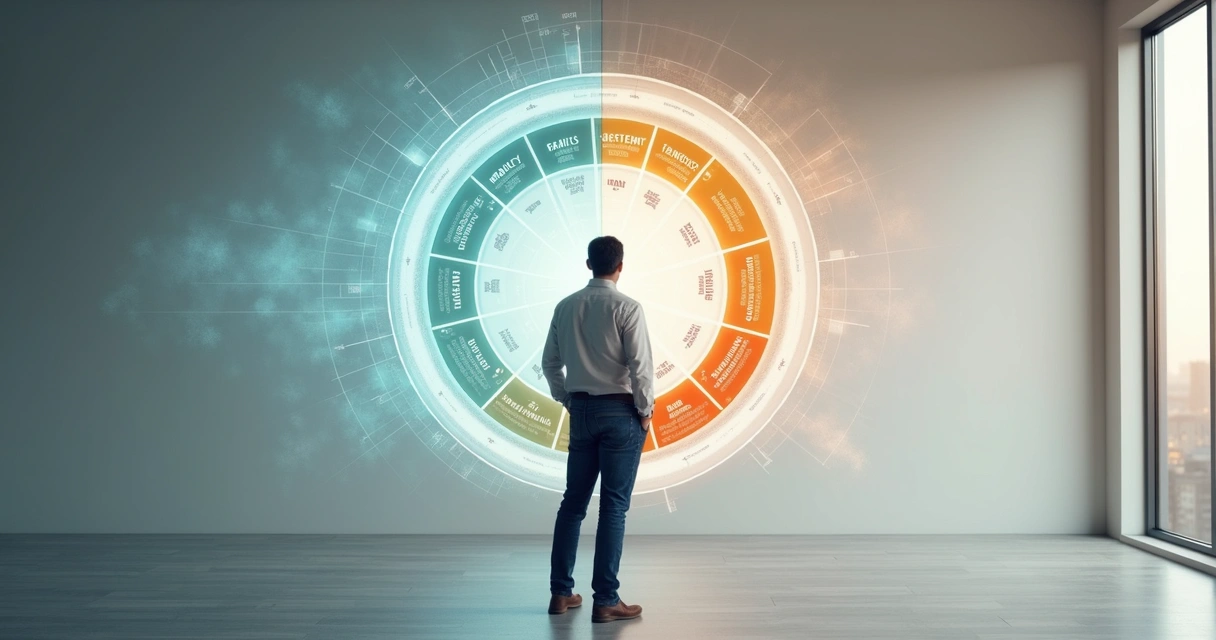 Líder observando painel circular com nove traços interligados 