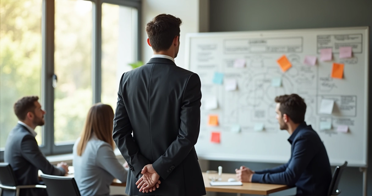 Líder observando equipe durante reunião colaborativa 