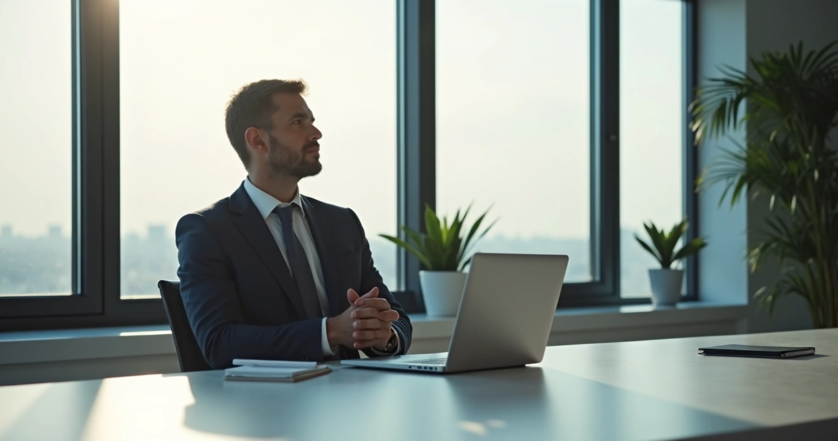 Homem de negócios sentado sozinho refletindo em sala de reuniões moderna