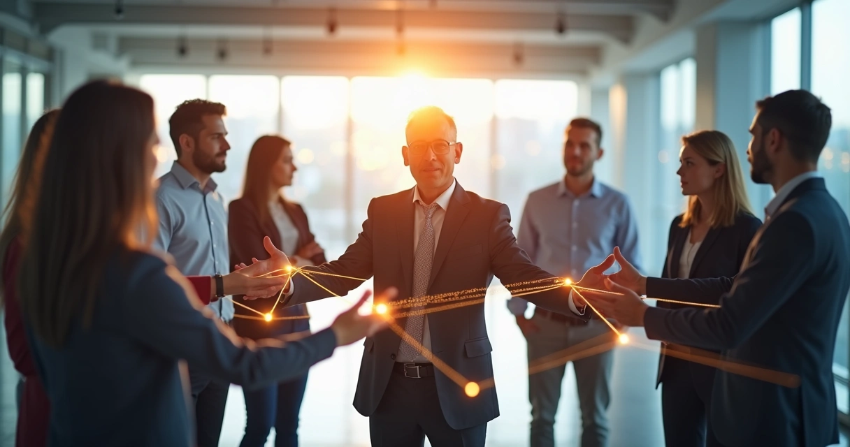 Pessoa guiando grupo em círculo, todos conectados com fios brilhantes