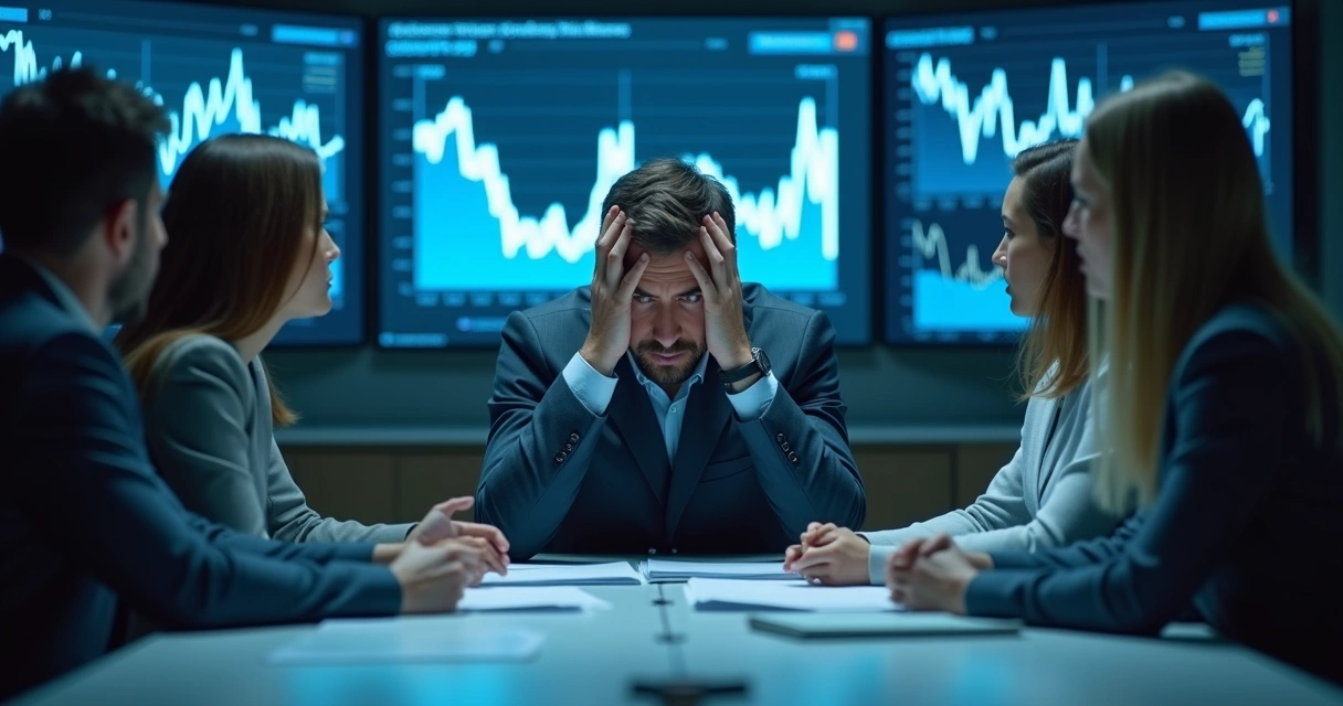 Líder tenso diante de gráficos em queda numa mesa de reuniões