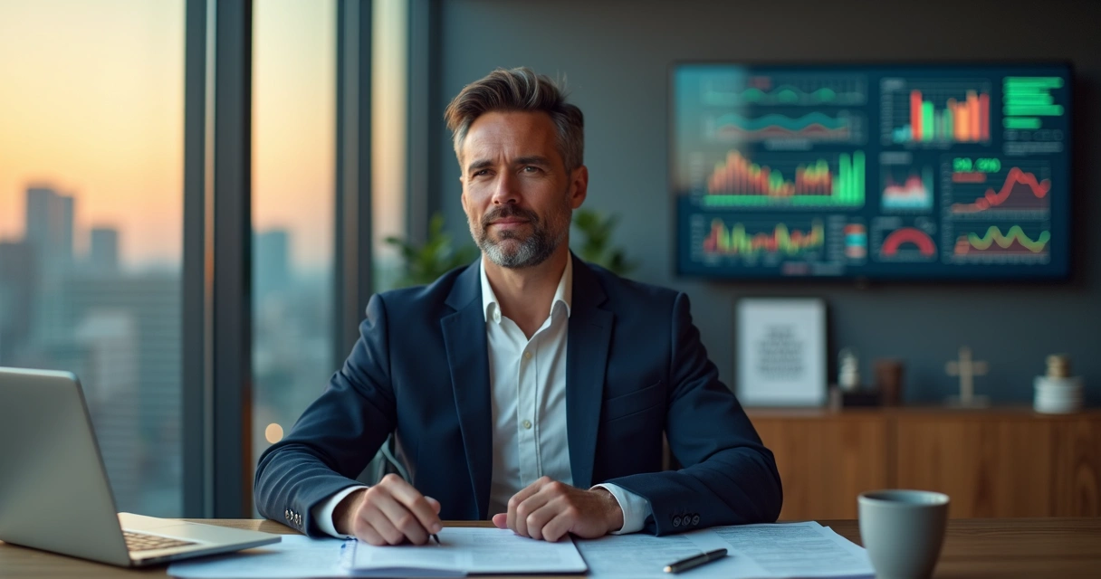 Líder sentado diante de gráficos de desempenho com expressão serena e postura confiante 