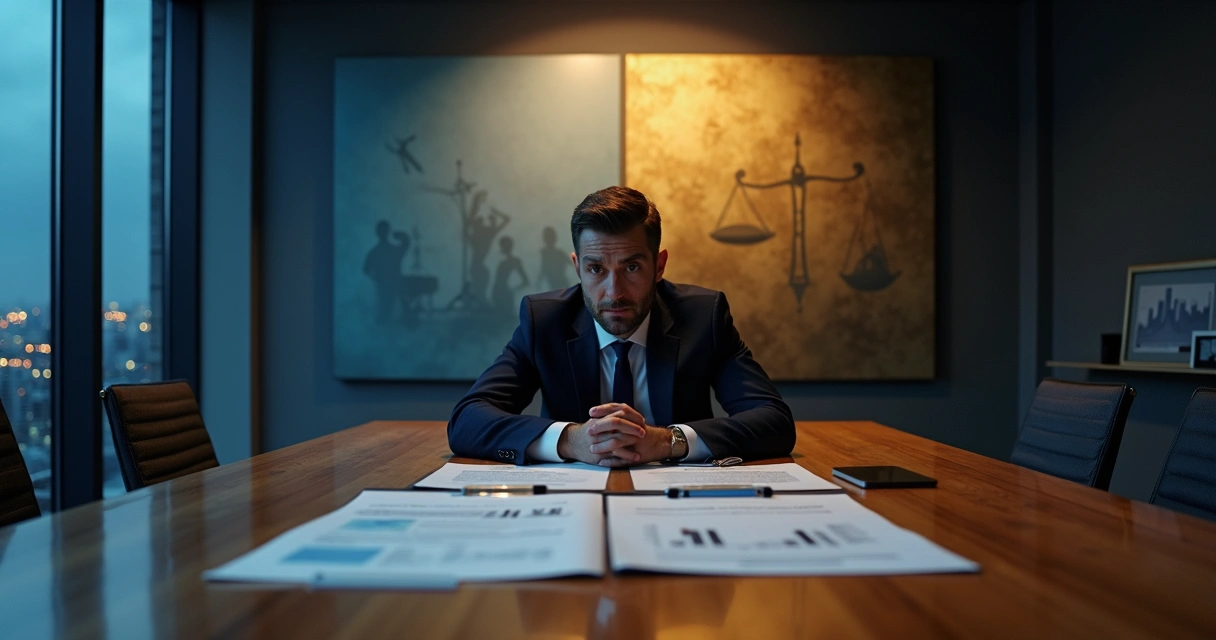 Líder em sala de reunião escura ponderando decisão sob pressão moral 