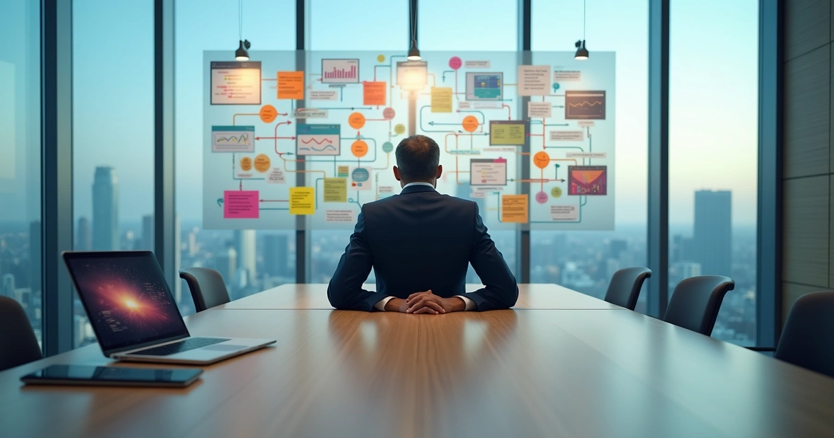 Líder em sala de reunião cercado por gráficos e setas apontando mudanças 