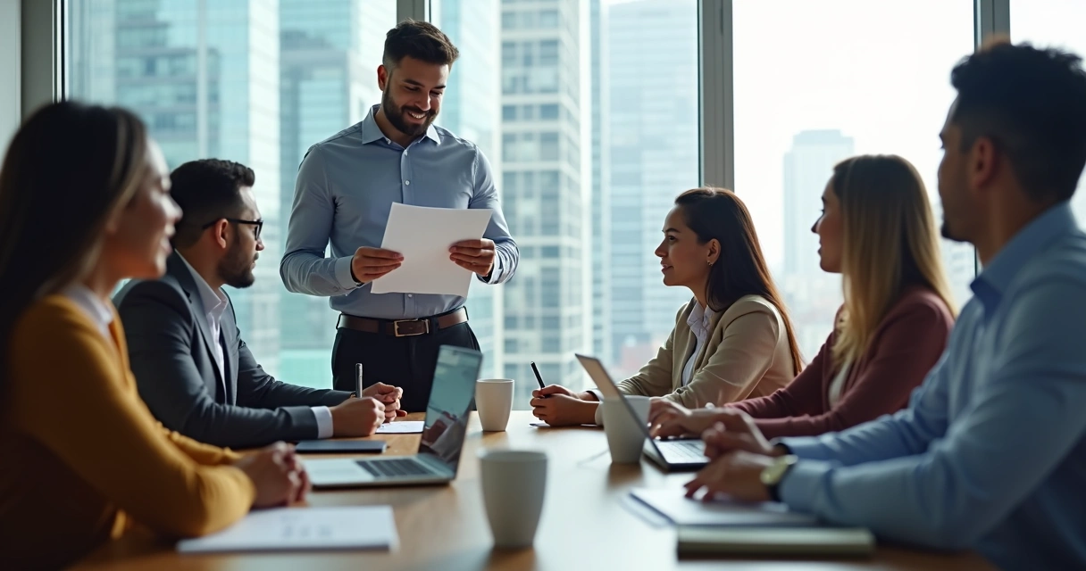 Líder segurando papéis em reunião com colegas procurando soluções 