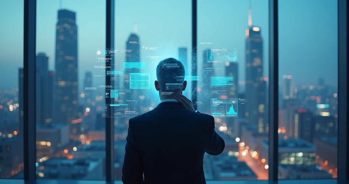 Líder pensativo frente a una ciudad futura con gráficos digitales superpuestos 