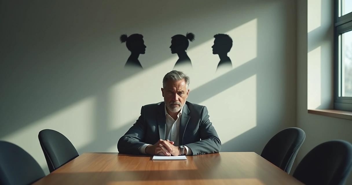 Líder sentado à mesa, pensativo, com uma sombra projetando múltiplos perfis de rosto na parede. 