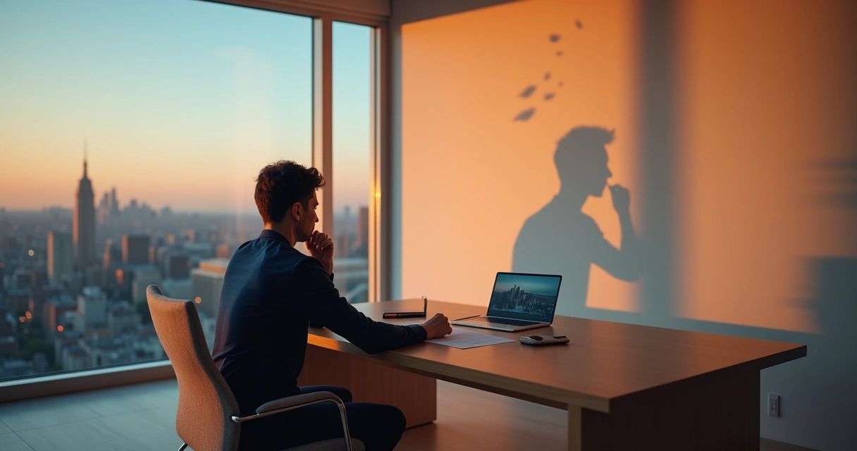 Líder olhando para janela com sombra fragmentada projetada na parede 