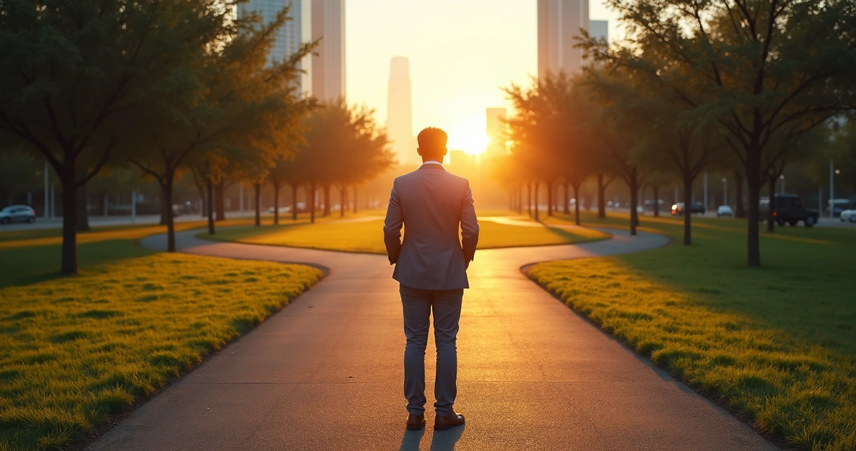 Pessoa refletindo diante de encruzilhada com luz à frente simbolizando decisão consciente 