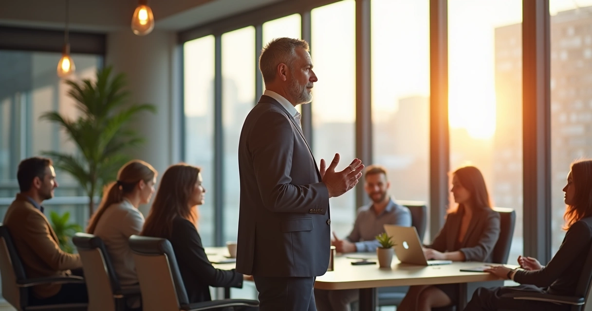 Pessoa líder em pé, ao lado de janela, olhando para uma equipe reunida, transmitindo confiança e calma