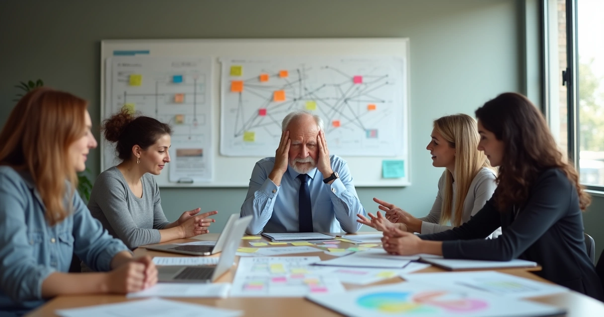Líder de negócios tampando os ouvidos enquanto equipe tenta se comunicar em escritório 