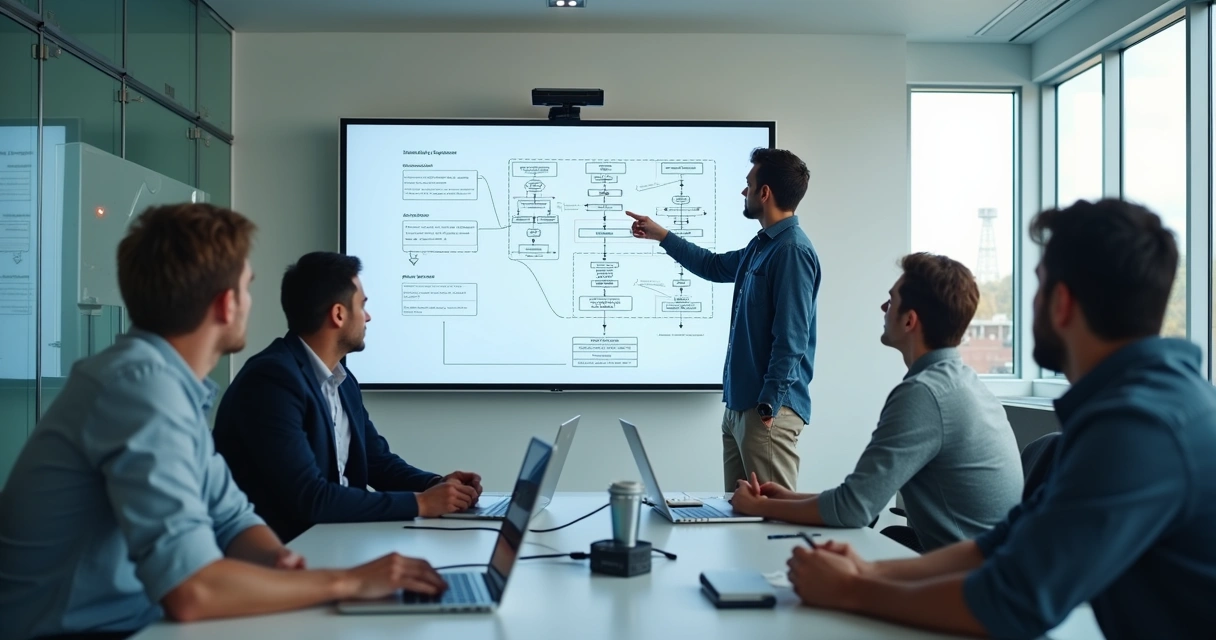 Líder técnico orientando programadores em reunião de projeto 