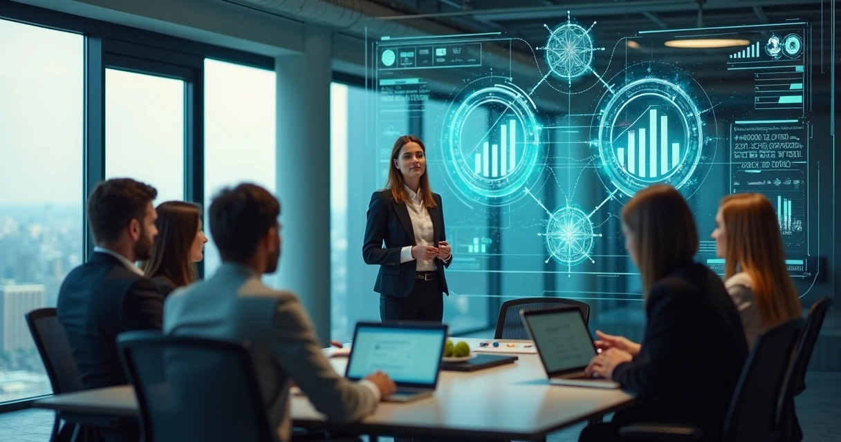 Executiva em ambiente corporativo moderno liderando reunião com tela digital mostrando gráficos e conexões entre tecnologia e negócios 